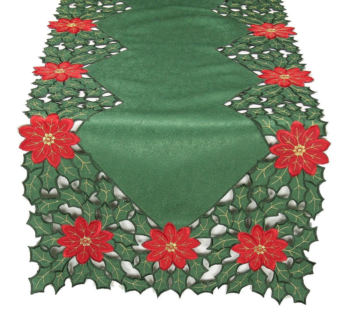 XD93248 Holly Leaf Poinsettia Table Runner featuring green holly leaves and red poinsettias with intricate embroidery and glistening accents.